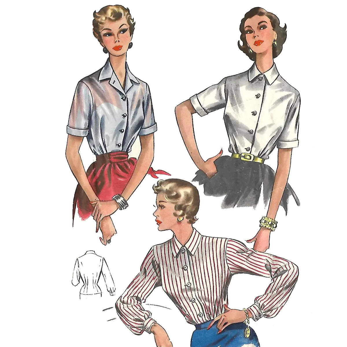 Modèle vintage des années 1940 – Chemisier boutonné, poignets - Buste 36" (91,4 cm)