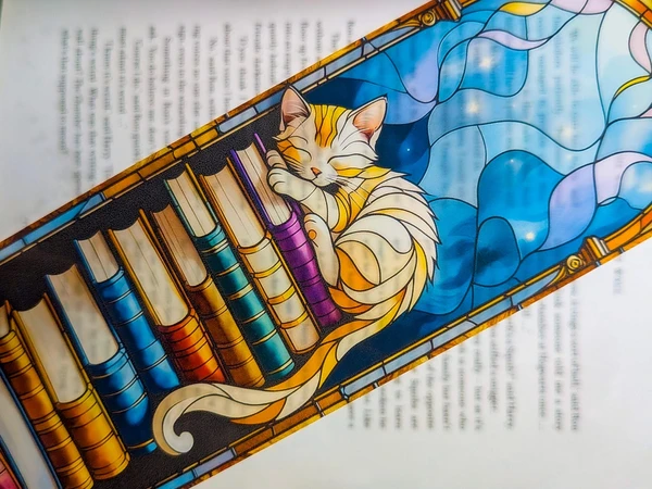 Marque-page chaton style vitrail : cadeau fantaisiste de rat de bibliothèque