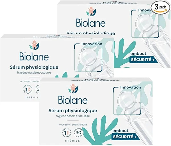 BIOLANE - Lot de 3 Sérum Physiologique - Bébé - Nettoie le nez et les yeux - Dès la naissance - Embout rond sécurité - 90 Unidoses - Fabriqué en France
