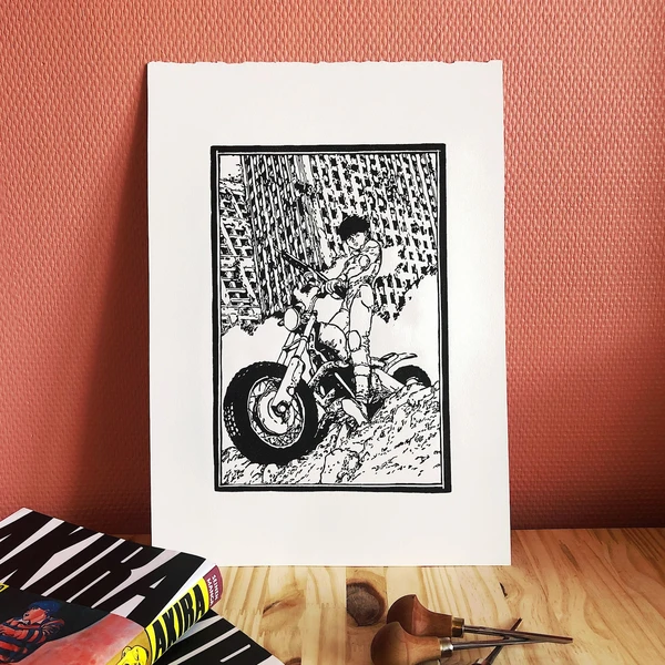 Linogravure Akira 01 - Katsuhiro Otomo - Imprimée à la main. Linocut Akira 01 - Handmade print