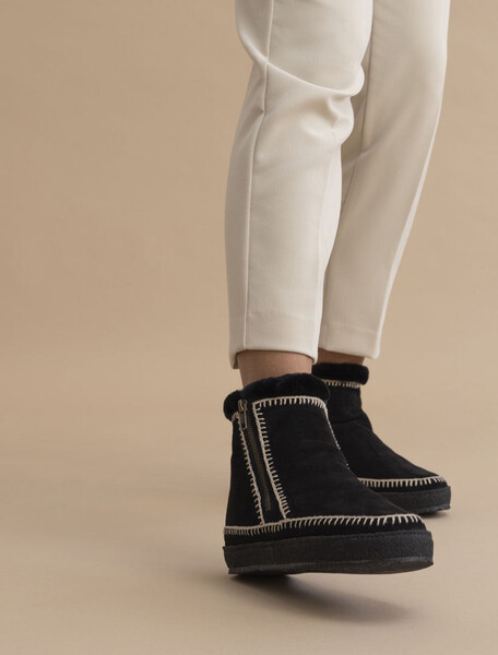 Setsu Inner Wedge Crochet Side Zip Ankle Boot Black Suede