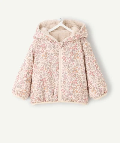 Blouson réversible bébé fille fleuri et fausse fourrure