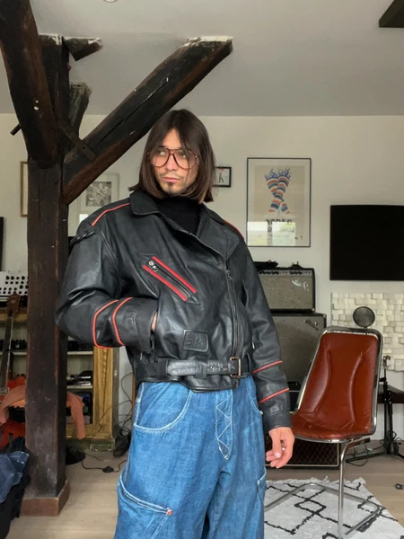 Perfecto Moto Cuir Vintage Mac Douglas Noir et Rouge Oversize XL