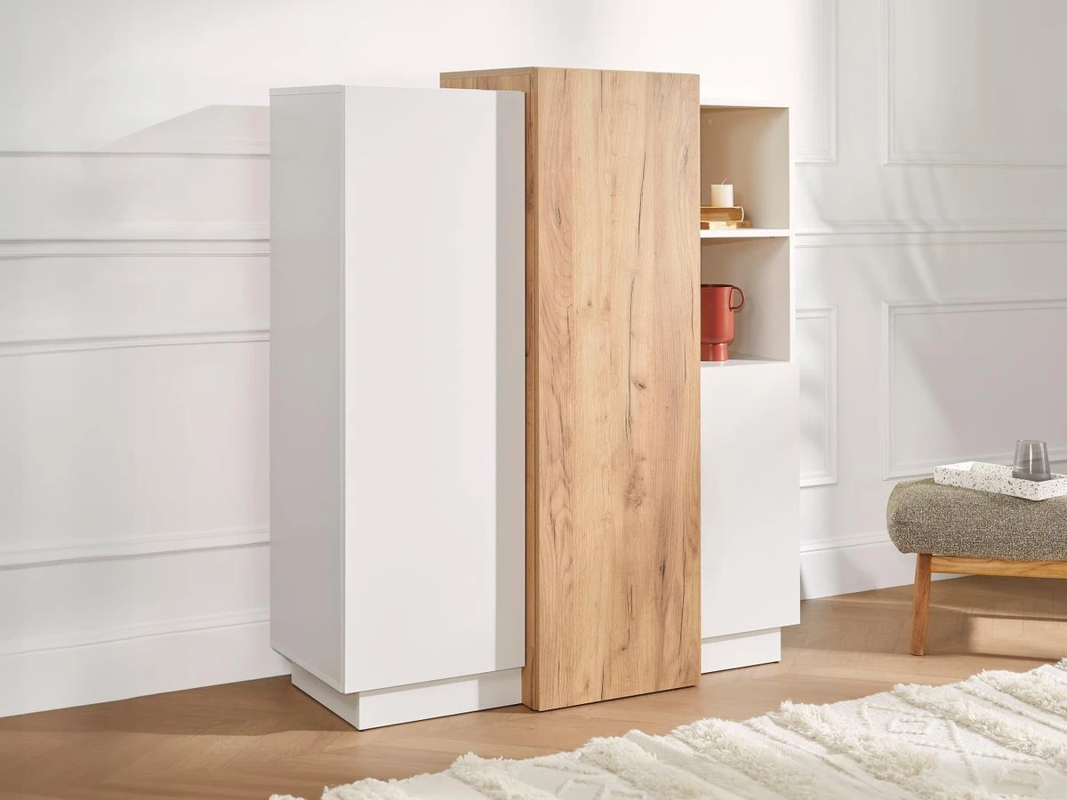 Buffet haut FRANCOLI - 3 portes et 2 niches - Blanc et chêne