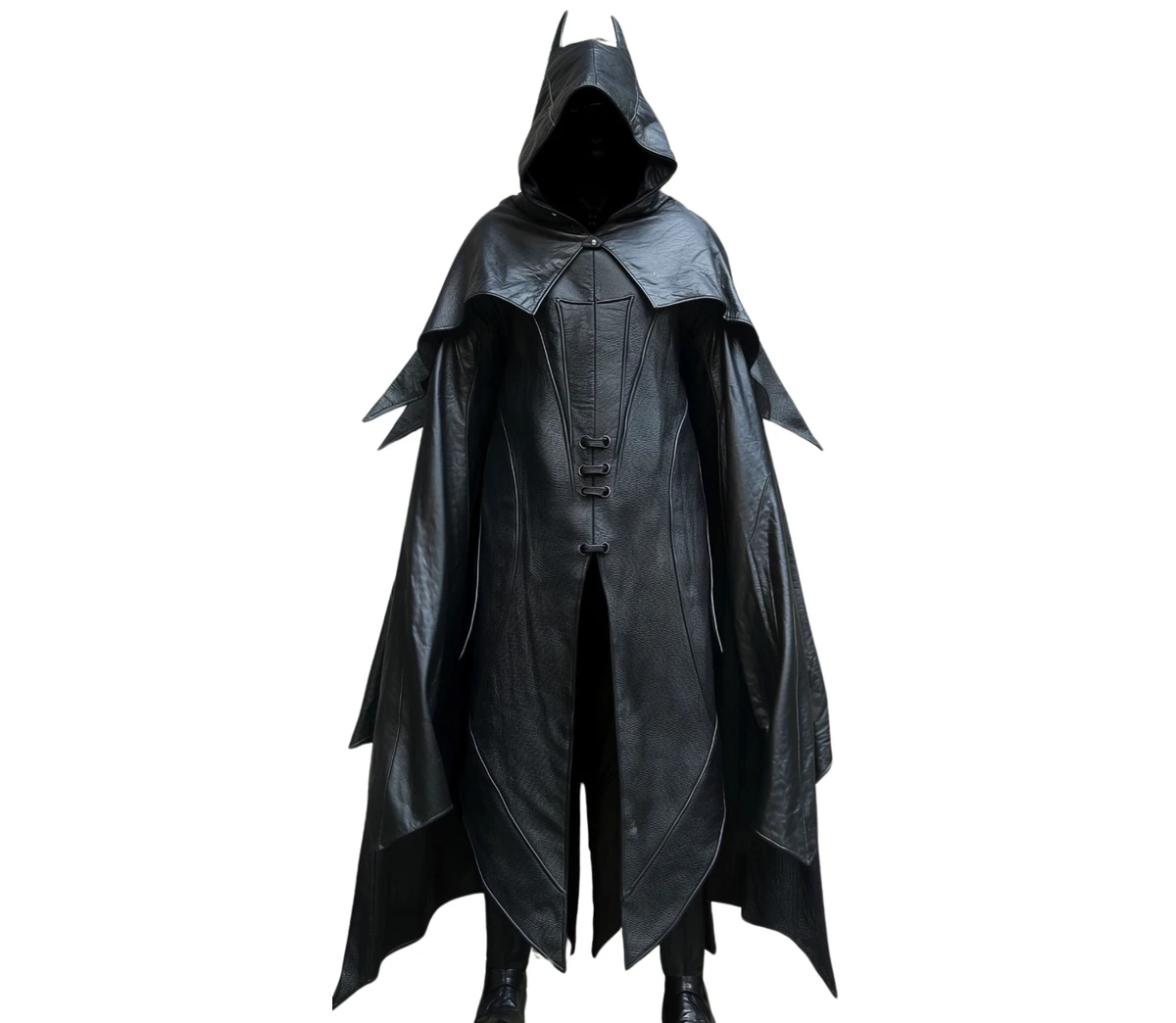 The Midnight Protector - Superhero Hooded Cloak in Black Leather - Superhero Cosplay Costume