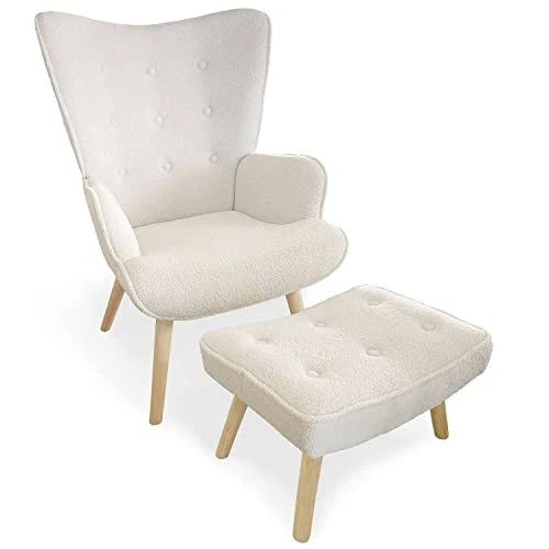 Menzzo Fauteuil scandinave + Pouf Lylou Tissu Bouclette lainée Crème