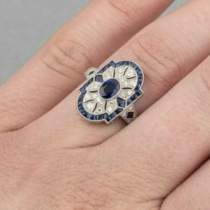 Art Deco Style Oval Cut Blue Sapphire & Lab Created Diamond Wedding, Engagement, Anniversary, Birthday Gift Ring In 14K White Gold Filled