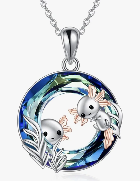 YAFEINI Blue Crystal Necklace for Women Dolphin/Axolotl 925 Sterling Silver Cute Animal Pendant Necklace Jewelry Gifts for Girls Sister