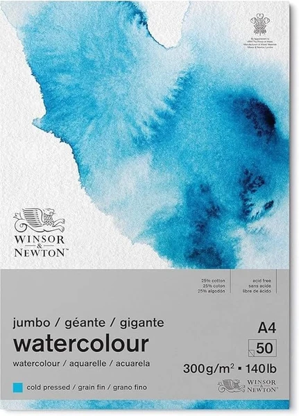 Winsor & Newton 6667010 Lot de 50 feuilles de papier aquarelle Classic Format A4 300 g/m² collées, pressées à froid, papier blanc légèrement texturé de qualité archivable, résistant au jaune