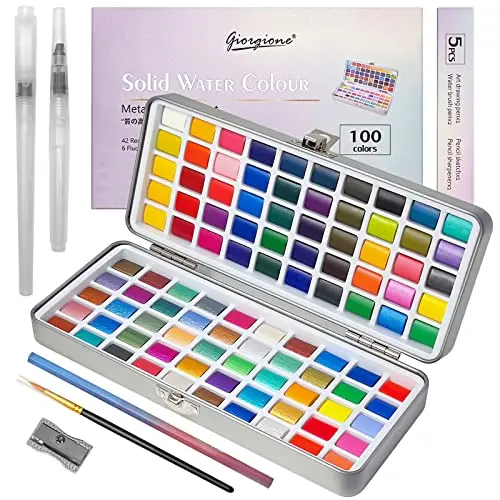 Aquarelle Peinture, Palette 100 Kit Aquarelle avec 40 Couleurs Métalliques, 2 Pinceau,1Croquis au Crayon e 1 Stylo de Dessin D'art, Peinture, Debutant Complet