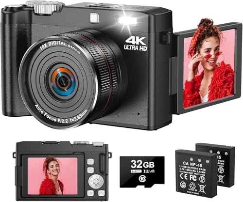 Appareil Photo numérique 4K - Caméra de vlogging autofocus 64 MP - Macro One Touch et Zoom numérique 18X - Écran à Rabat de 2,8" à 180° - pour débutants et Adultes - avec Carte SD de 32 Go et 2 Piles