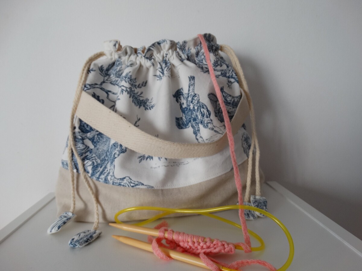 sac à projet XXL tricot, crochet ou couture, sac de rangement, sac pochon, toile de Jouy coton,