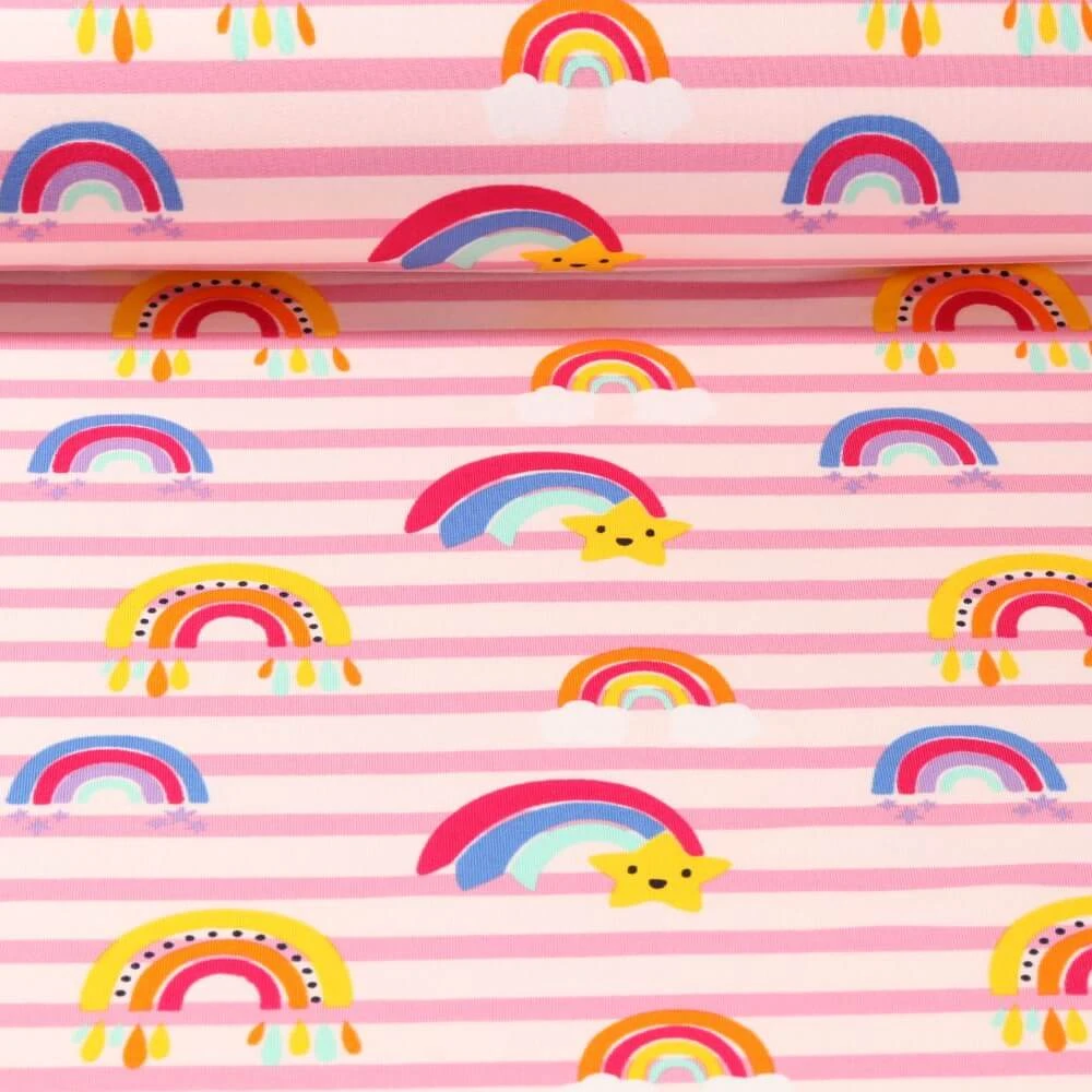 Sweat - French Terry Arcs-en-ciel Rayures Vieux rose Gratté