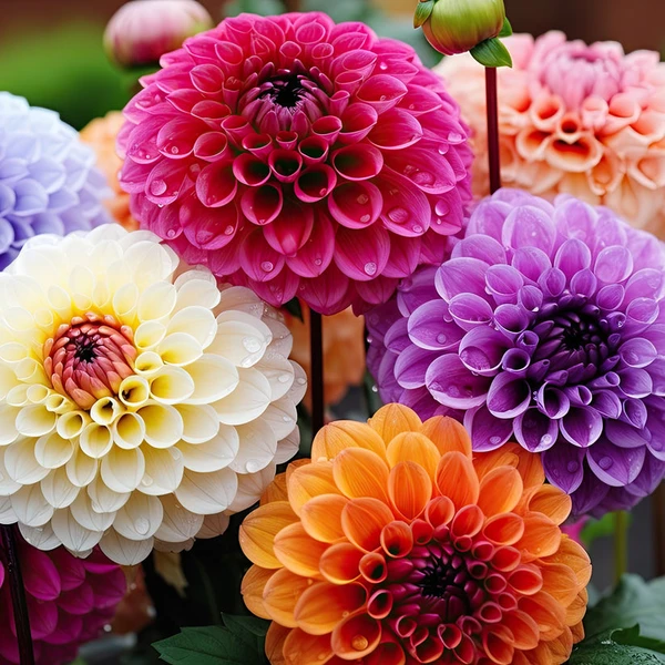 5 Dahlias pompons colorés en mélange