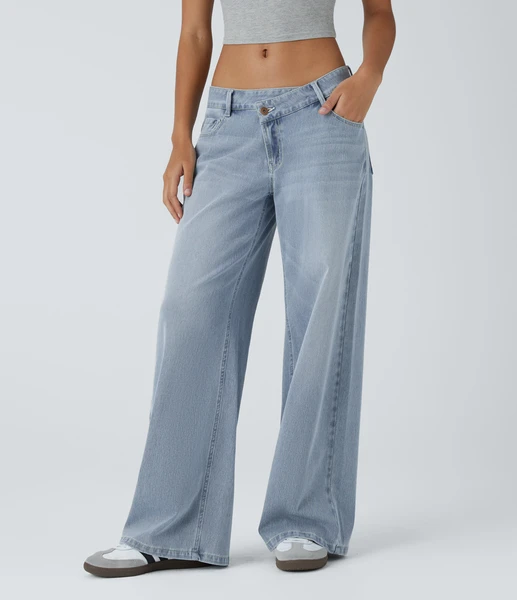 Halara Flex™ Jean large asymétrique taille basse avec bouton, fermeture éclair et poches multiples, délavé et extensible en maille