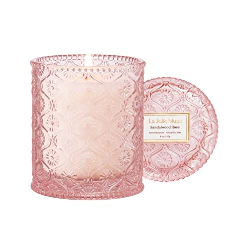 LA JOLIE MUSE Bougie Parfumées au Bois de Santal et à la Rose, Cadeau de Bougie pour Femmes Bougies Parfumées pour la Maison de 55 Heures de Combustion 230g;