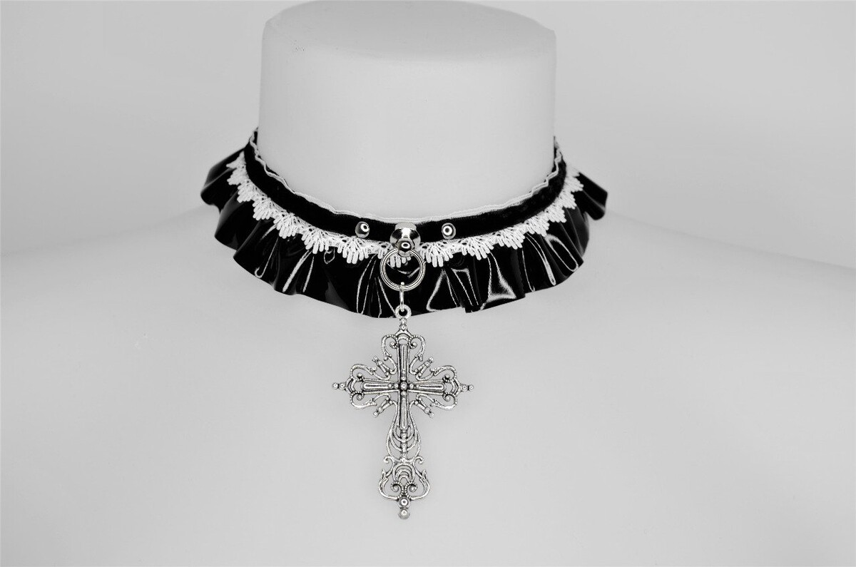 Choker croix gothique en vinyl noir, bijou grunge pour femme - Shop-decadenza