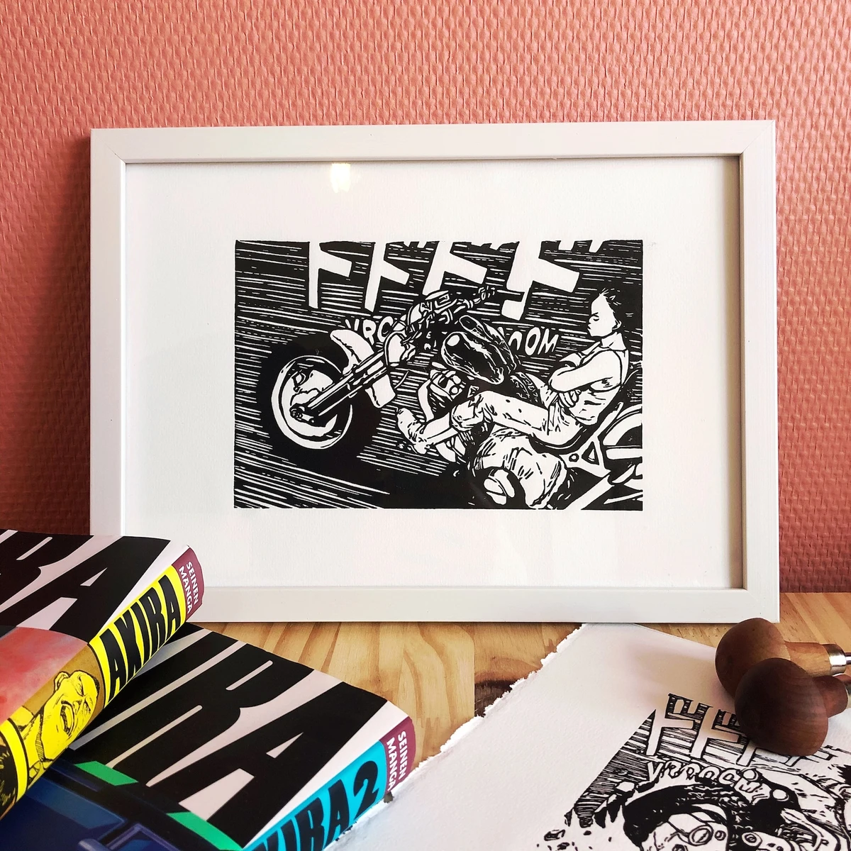 Linogravure Akira 02 - Katsuhiro Otomo - Imprimée à la main. Linocut Akira 02 - Handmade print