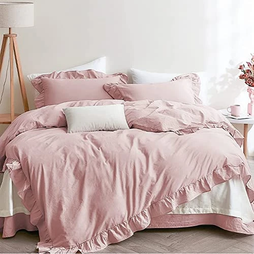 Sedefen Feuille de Lotus Housse de Couette 140x200cm + 1 taie d'oreiller 65x65cm Ado Fille Adulte Rose Volants Romantique Parure de Lit 1 Personne Avez Fermeture Éclair