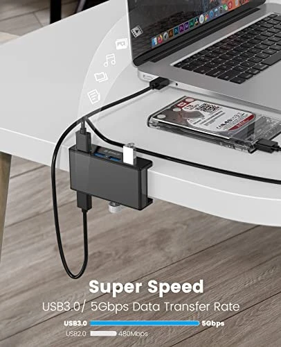 ORICO Hub USB 3.0, 4 Data Ports Aluminium USB Hub Clip, Multiport Type A USB 5Gbps Haute Vitesse Compatible iMac/Moniteurs/Table, avec Câble 150CM