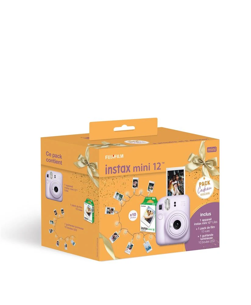 Pack Noël Appareil photo instantané Fujifilm instax mini 12™ 2025 Lilas + Pack film instax™ mini 10 vues + Guirlande lumineuse 10 boules LED