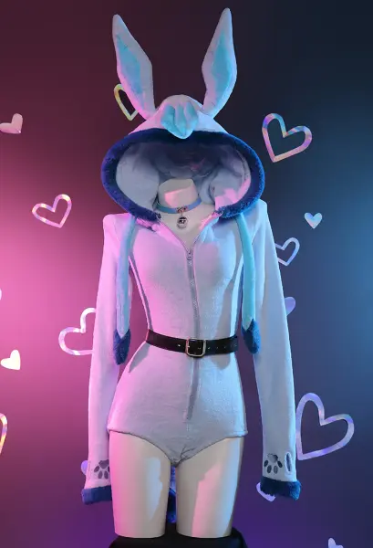 PM Dérivé Fluffy Barboteuse Moulante Fluffy Bleu Lingerie Sweat À Capuche Justaucorps Vêtements D&#039;intérieur avec Queue Ceinture et Bas
