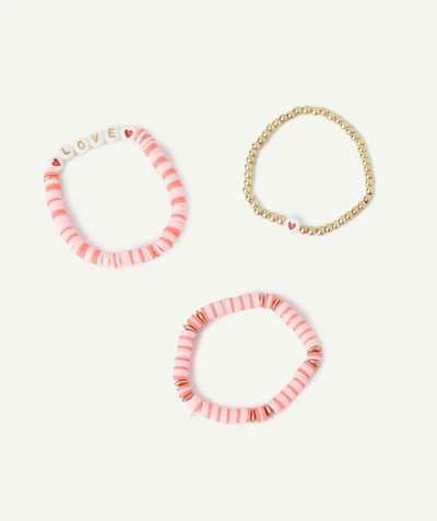 Lot de 3 bracelets fille avec perles roses et couleur dorées