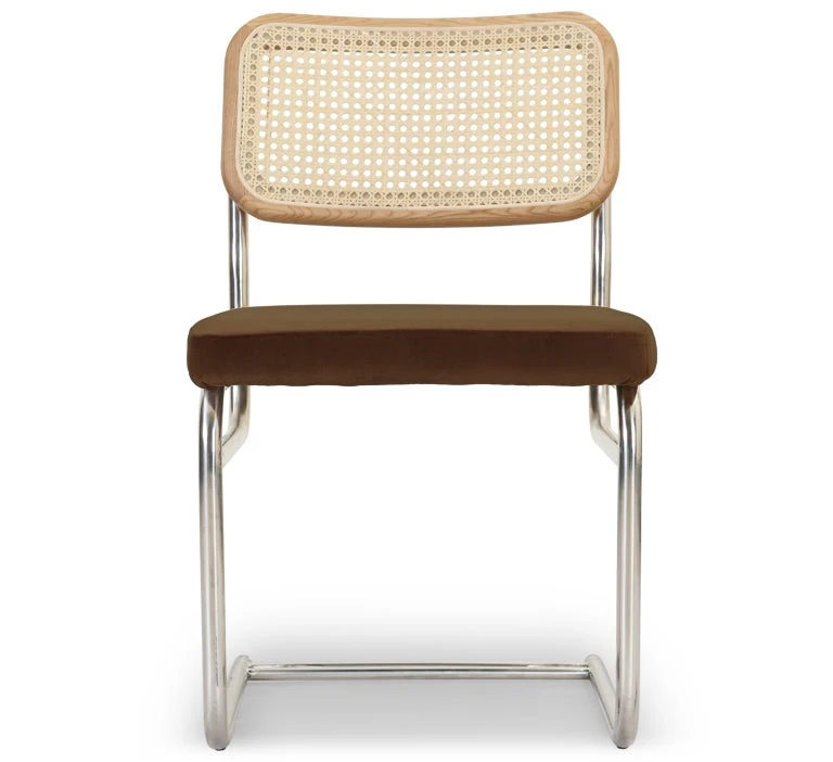 UBERTO Chaise design, Velours marron caramel, cannage & métal chromé