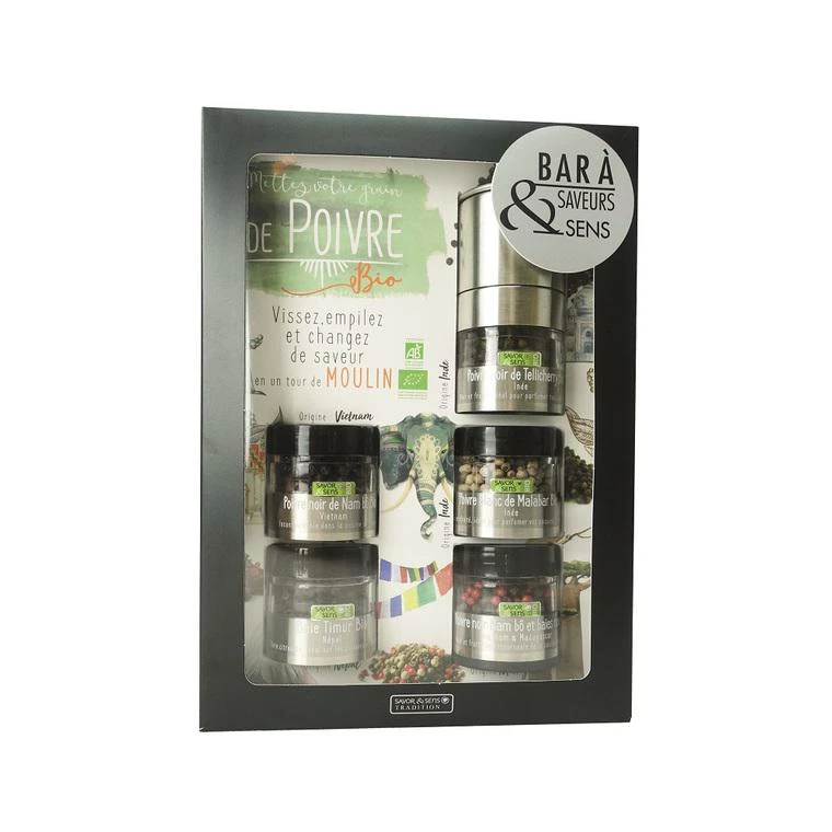 Coffret découverte de poivres bio du monde Savor & Sens - 1 moulin et 5 poivres interchangeables