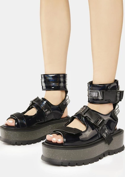 Demonia Holographic Ankle Strap Platform Sandals - Black