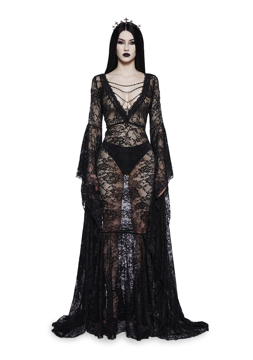 Widow Lace Mega Flare Sleeve Maxi Dress - Black