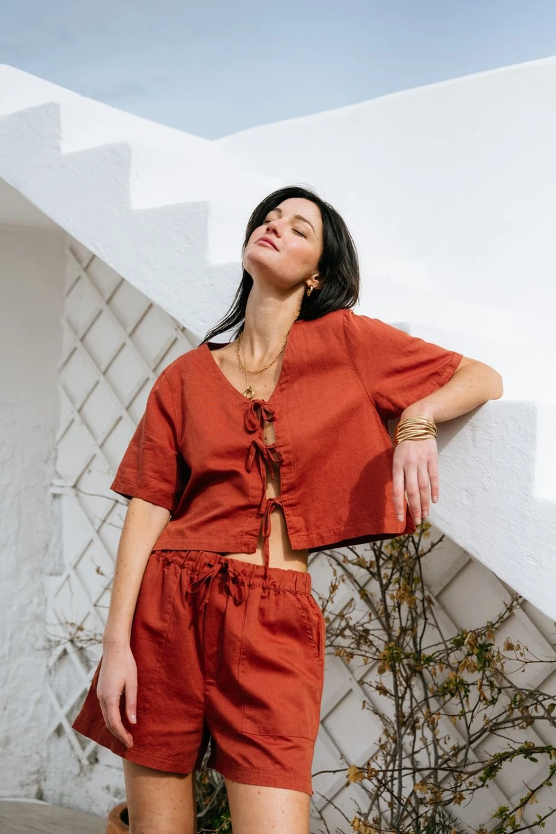 Short en coton bio et lin | terracotta "soleil short - terra" Kuyichi