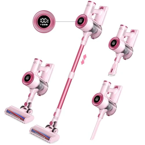 Movell Aspirateur Balai sans Fil, 300W 28000pa Aspirateur sans Fil Puissant avec écran LED, 55 Minutes Autonomie, 1,5 Litre, Batterie Amovible pour Les Tapis, Sols Durs et Poils d'animaux (Rose)