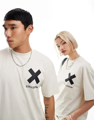 COLLUSION Unisex - T-shirt en coton avec logo - Blanc cassé