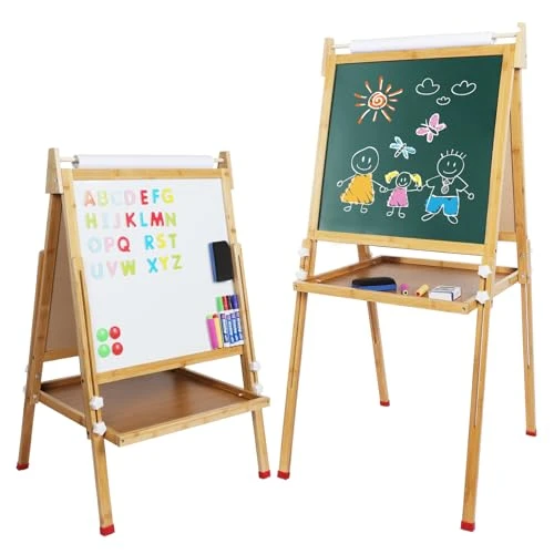 Dripex Chevalet Enfant Double Face en Bambou, Tableau Enfant Réglable en Hauteur avec Rouleau de Papier Craie Aimant, Cadeau de Jouet Educatif Créatif pour Garçon Fille, Cannelle