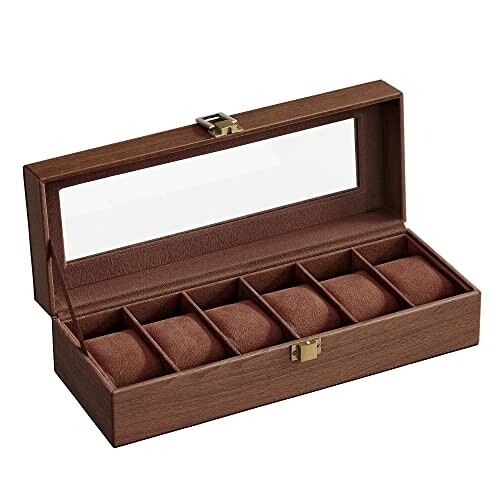 SONGMICS Boîte à Montres à 6 Emplacements, Coffret à Montres, Écrin, Couvercle en Verre, Coussinets en Velours, Serrure, 11,2 x 30 x 8 cm, Revêtement en Marron et Doublure en Marron JWB006K01