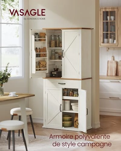 VASAGLE Buffet Haut Cuisine, Meuble de Rangement, Armoire, Vaisselier, Hauteur 178,6 cm, avec Tiroir, Placards, Étagères Réglables, pour Salon, Cuisine, Blanc Rustique BBK364W02