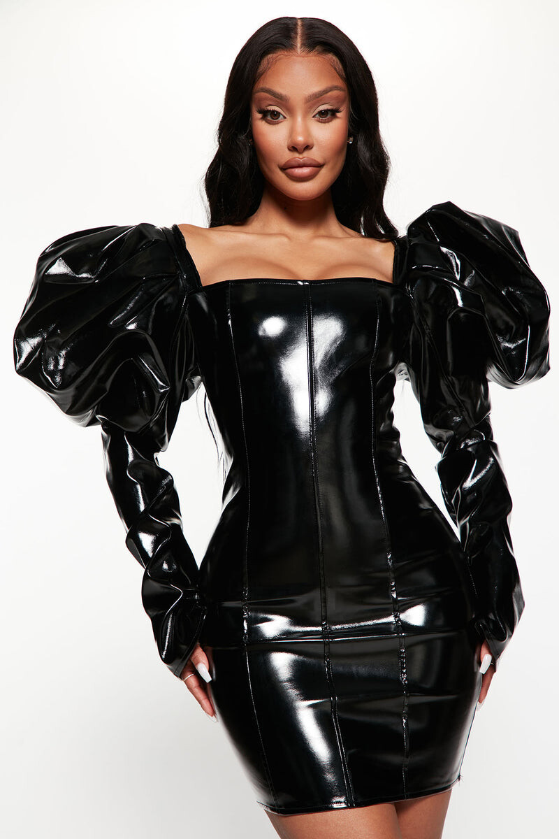 The Drama Faux Leather Mini Dress - Black