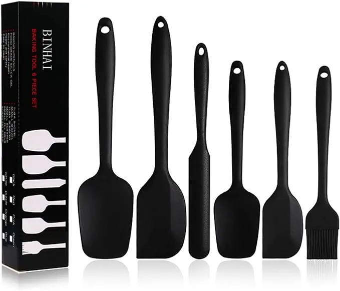 Lot de 6 spatules BINHAI en silicone anti-adhésif avec noyau en acier inoxydable résistant à la chaleur pour cuisiner, cuire et mélanger Noir