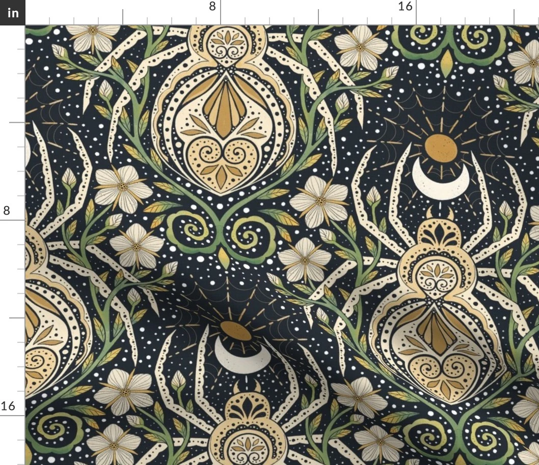Whimsical spider garden -cream -green Fabric | Spoonflower