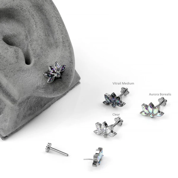 Threadless Flatback Lotus Earrings With Synthetic Gems