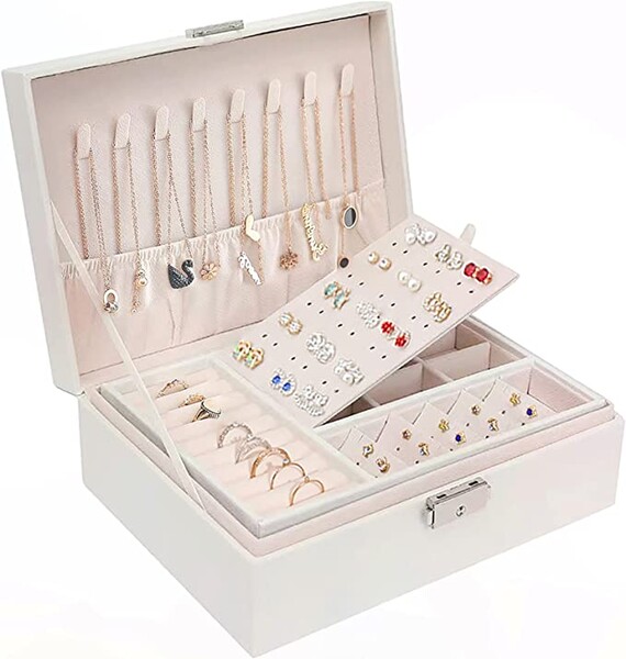 BELSVOR Boite a Bijoux pour Femme Filles, Boite à Bijoux 2 Couches, Rangement Bijoux Verrouillable avec Clef, Boite a Bijoux en Cuir Imperméable, Boite à Bijoux pour Ranger Bagues/Colliers/Montres : Amazon.fr: Mode