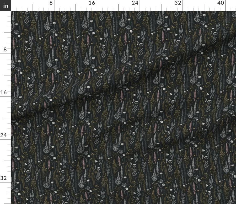 Fabric in Wildflower Doodle on a single black background