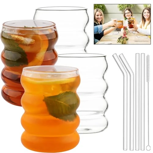 Mezzar Verre Avec Paille, 4 Pcs Verre a Cafe Avec Quatre Pailles et Une Brosse,Verre Strié 350ML en Verre à Haute Teneur En Borosilicate Convient Pour Le Lait, Le Thé, Le Thé Glacé et Le Café Glacé