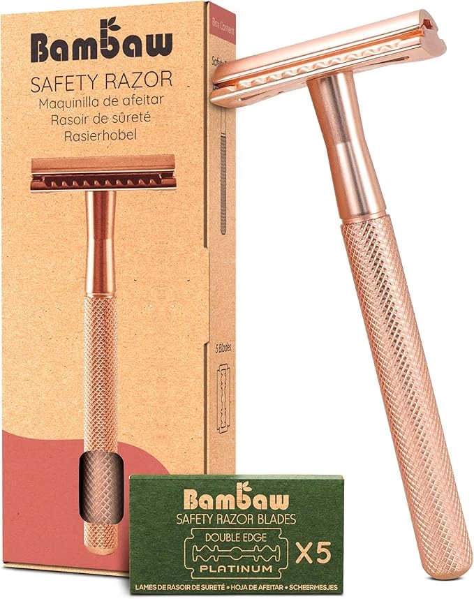Bambaw Rasoir de Securite Femme en Métal avec 5 Lames de Rechange en Acier inoxydable Suédois, Rasoir Manuel Femme pour un Rasage Net et Lisse, Durable et Facile à Utiliser (Or Rose)
