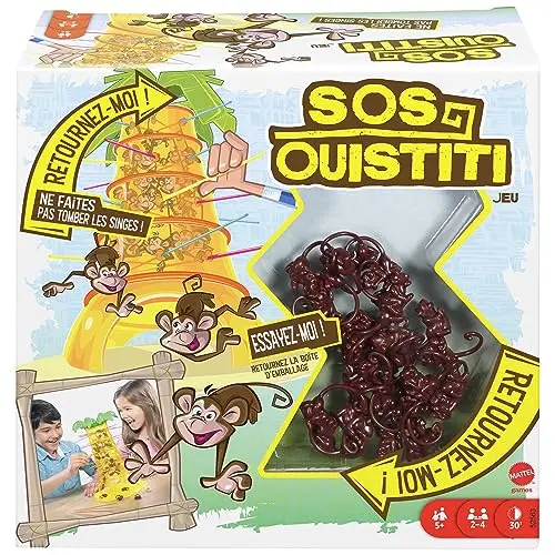 Mattel Games SOS Ouistiti, Jeu De Société et D'Adresse Familial Pour Enfants Et Adultes Avec 30 Singes, 30 Bâtons Multicolores Et 1 Dé Spécial, 2 À 4 Joueurs, Jouet pour Enfant de 5 ans et Plus, 52563
