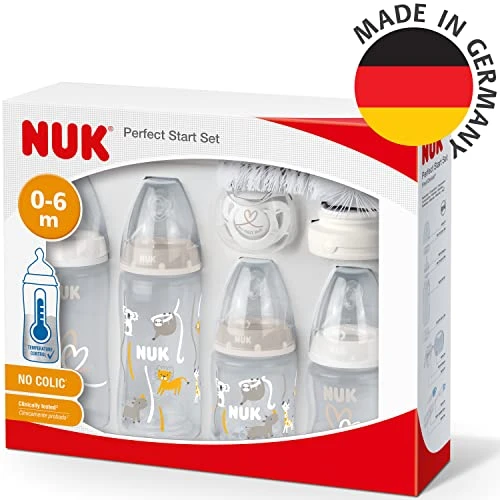 NUK ensemble de biberons First Choice+ Perfect Start, goupillon et sucette Genius | 0-6 mois | tétines en silicone | contrôle de la température | sans BPA | transparent [garçon/fille] | Lot de 10