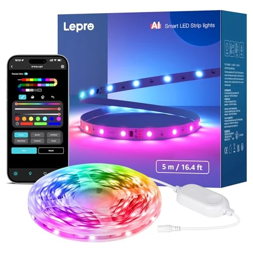 Lepro S1 IA Ruban LED Connecté 5M, Éclairage généré par IA LLM, Bande LED Gaming Wifi MagicColor App Contrôle, Compatible avec Alexa et Google Assistant, Sync Musique pour Maison Chambre Fête Gaming