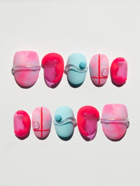 Produits à presser en gelée néon, faux ongles faits main de qualité supérieure, forme ovale, bleu pastel, décoration d'ongles japonais 3D, bonbon