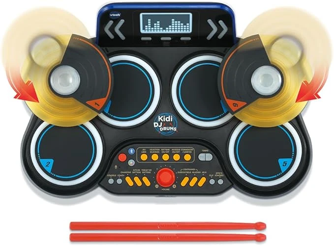 VTech - Kidi DJ Drums, Batterie Électronique Enfant avec Pads Lumineux, Cymbales, Baguettes, Bluetooth, Prise Jack pour Casque, Apprentissages et Jeux, Cadeau Enfant Dès 6 Ans - Contenu en Français